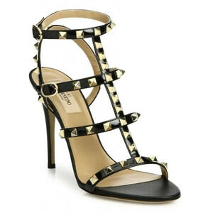 Valentino Rockstud 105 Black Patent Stud Caged Ankle Strap Sandal Heel Pump 40.5